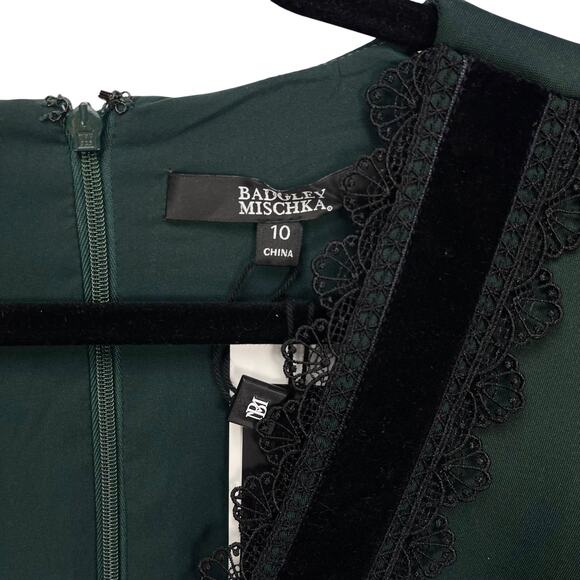 NWT BADGLEY MISCHKA Dress VELVET & LACE TRIM Emerald Green Size 10 - $420 MSRP - Picture 4 of 6